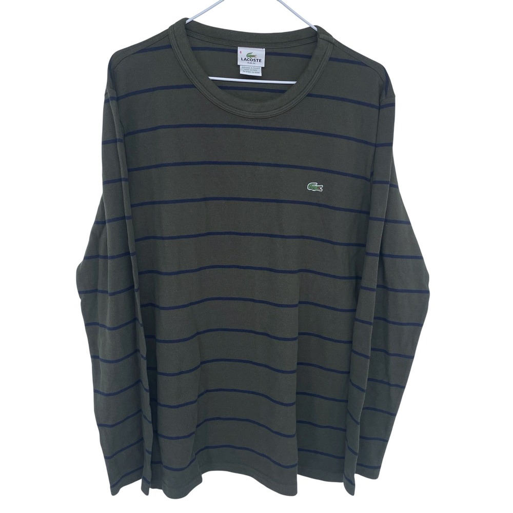 Green & Blue Striped Lacoste Long Sleeve Shirt Slim-Fit Size 6 U.S. Medium‎